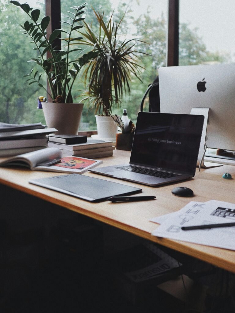 A stylish and organized home office desk in Kyiv, Ukraine, ideal for remote work or business setup.