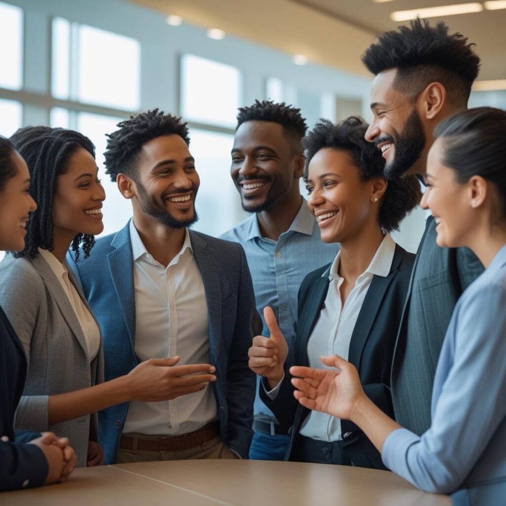 A diverse group of people engaged in conversation and smiling, symbolizing genuine networking and building connections.