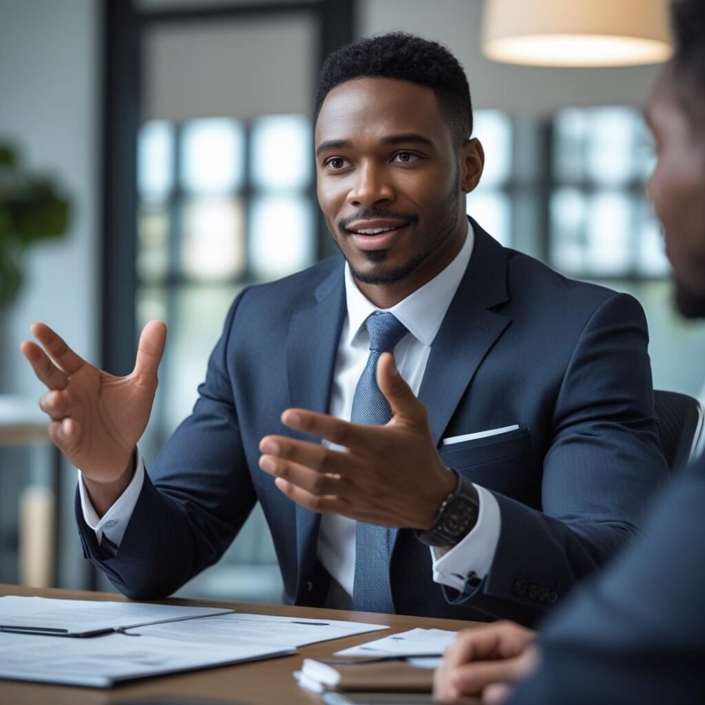 A person actively engaged in a professional interview, using gestures to emphasize their points, symbolizing a value-driven interview approach.