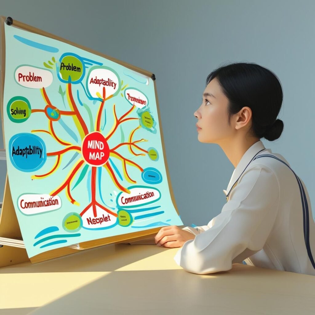 A person looking thoughtfully at a complex mind map or diagram, with keywords like "Problem Solving," "Adaptability," and "Communication" highlighted, symbolizing the cultivation of transferable skills.