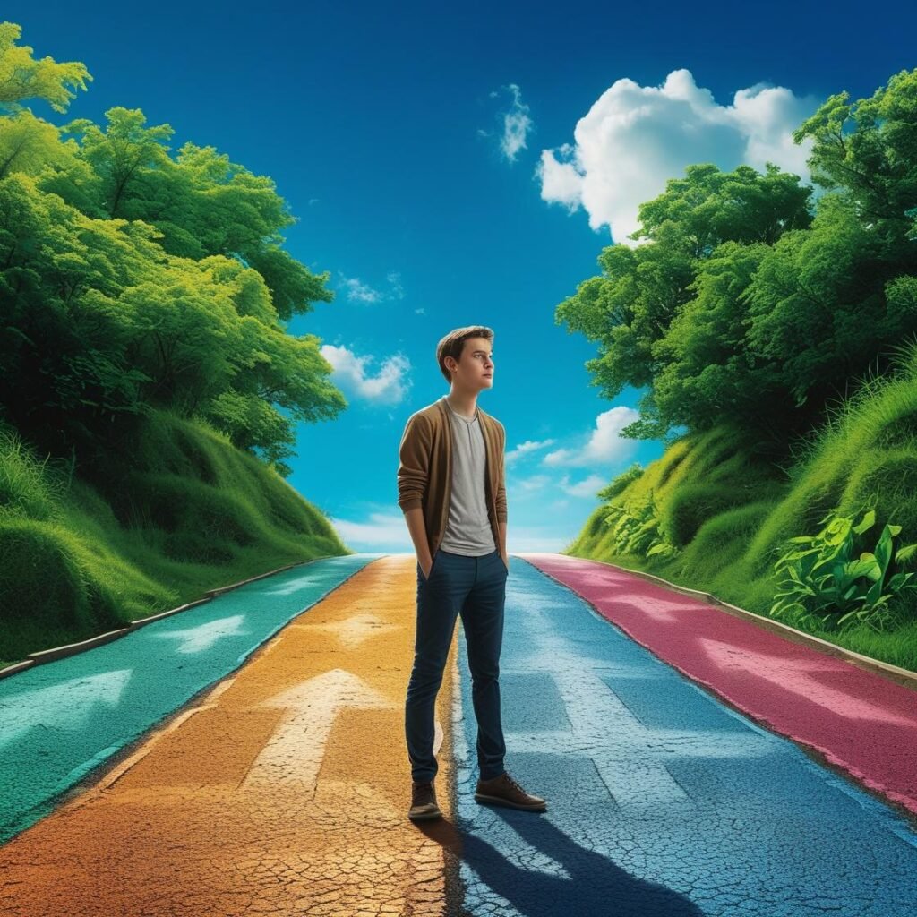 A person standing at a crossroads with multiple paths, symbolizing career choice and the need for adaptability in the modern job market.