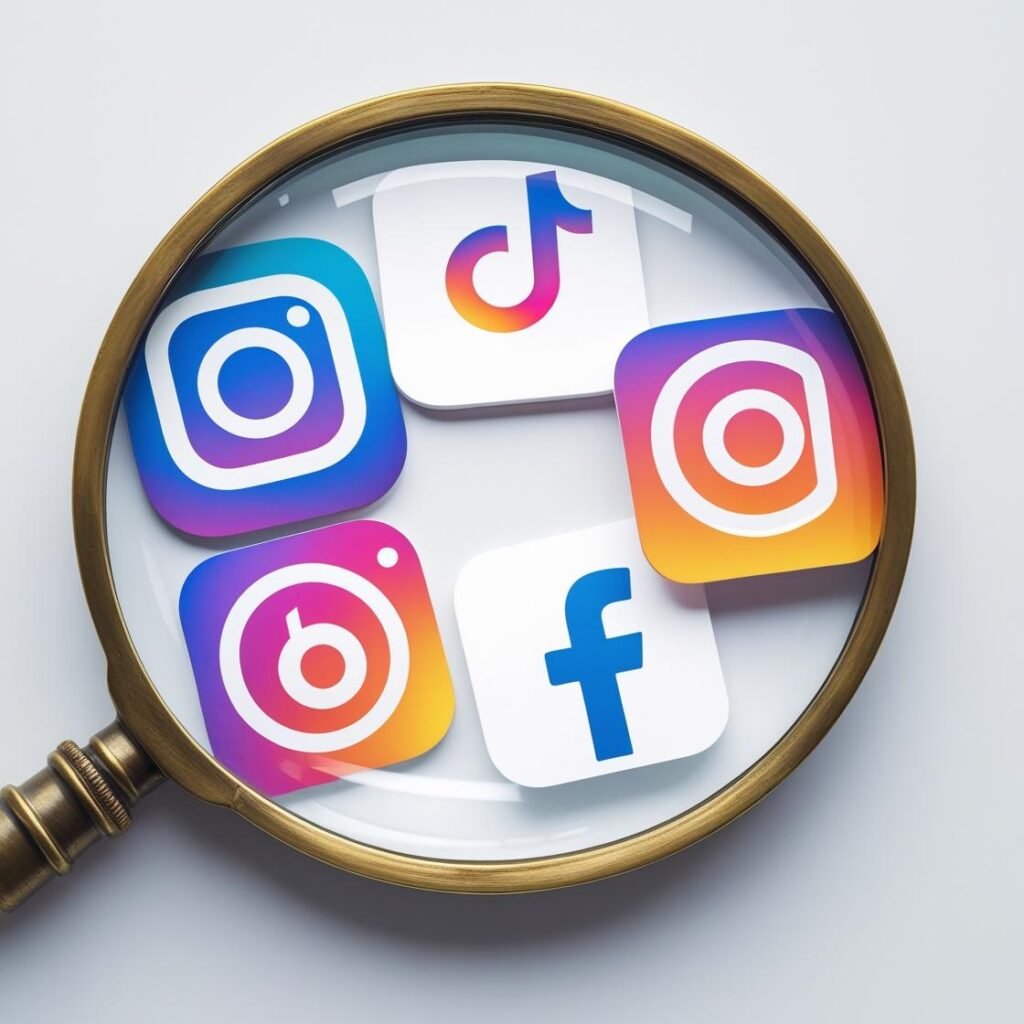 A collage of social media icons (Instagram, TikTok, Facebook) with a magnifying glass over them, symbolizing social media marketing and keyword research for SEO.