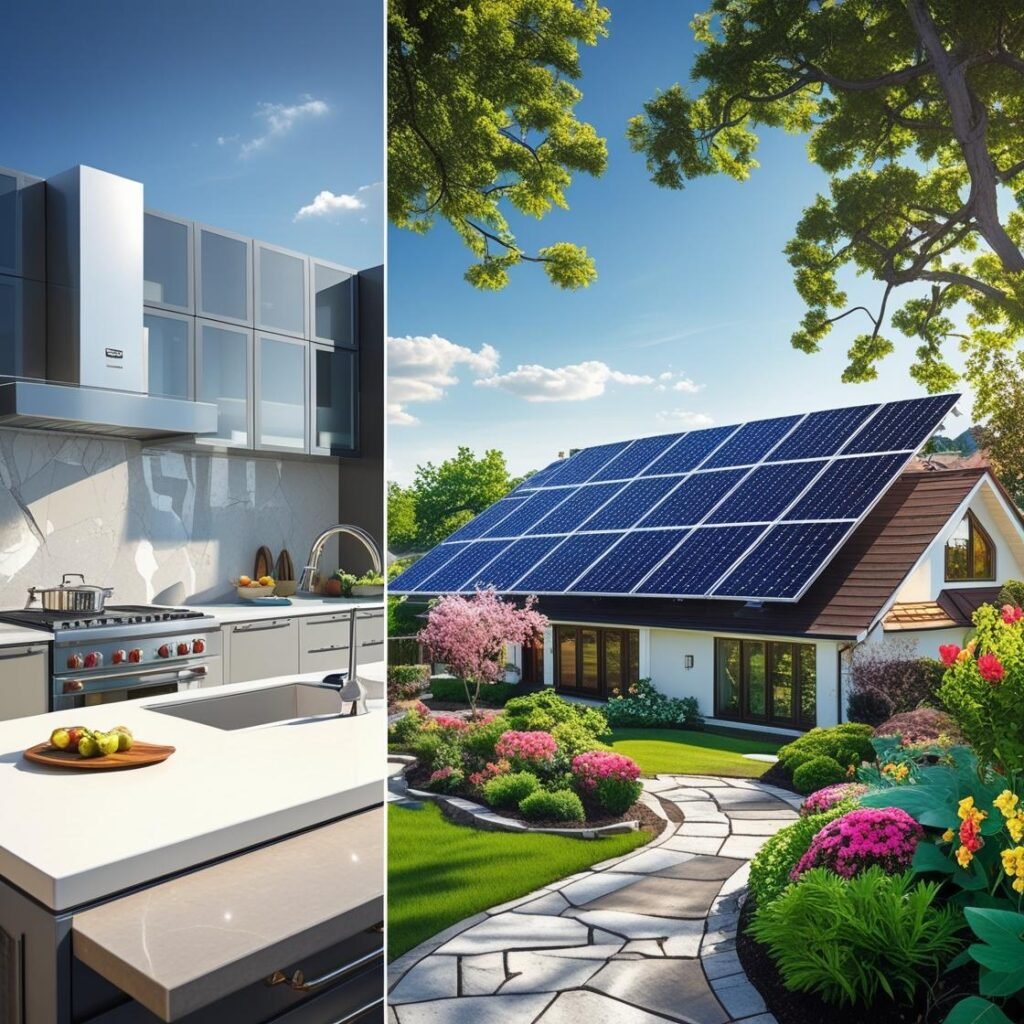 A collage of various home improvement elements: a kitchen counter, a solar panel on a roof, and a garden landscape, representing the home improvement niche.