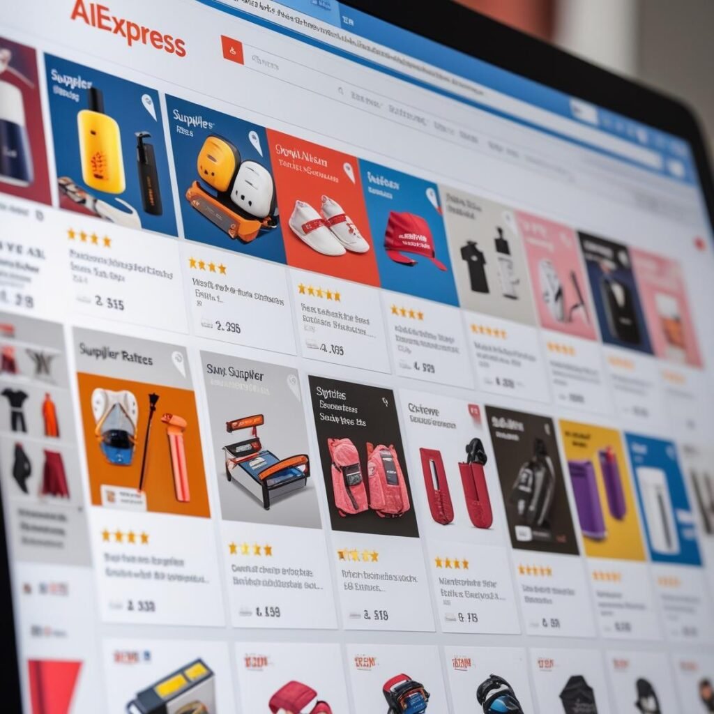 A computer screen showing the AliExpress website with various products and supplier ratings visible, emphasizing product selection.