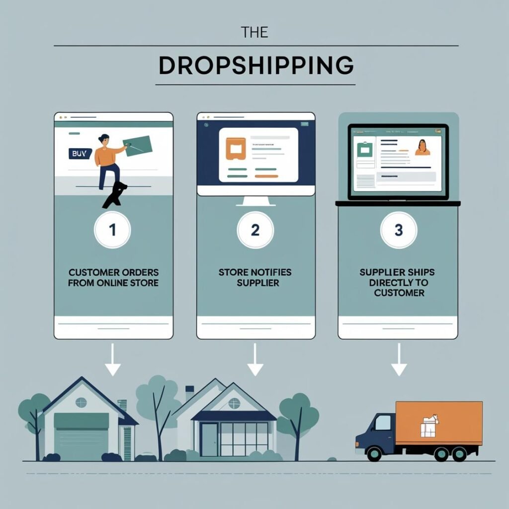 A graphic depicting the dropshipping process: Customer orders from online store -> Store notifies supplier -> Supplier ships directly to customer.