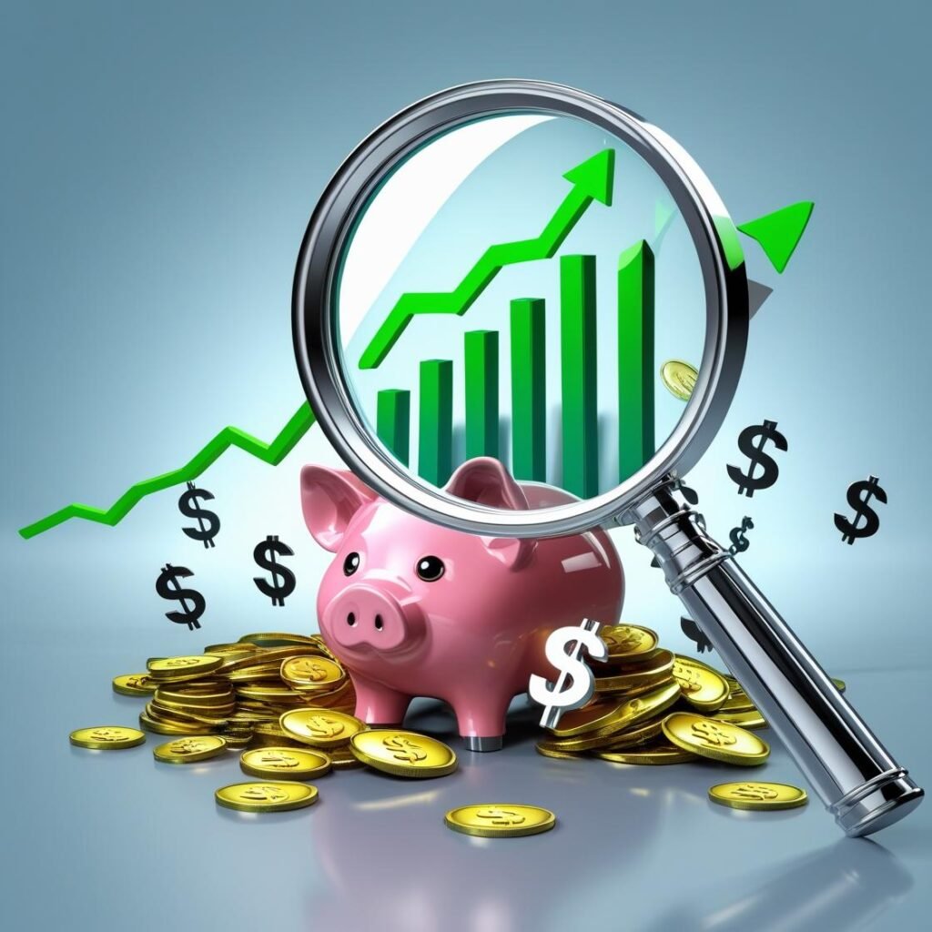 A graphic illustrating a magnifying glass hovering over various financial symbols (dollar sign, graph, piggy bank), representing the focus on high CPC and profitable niches.
