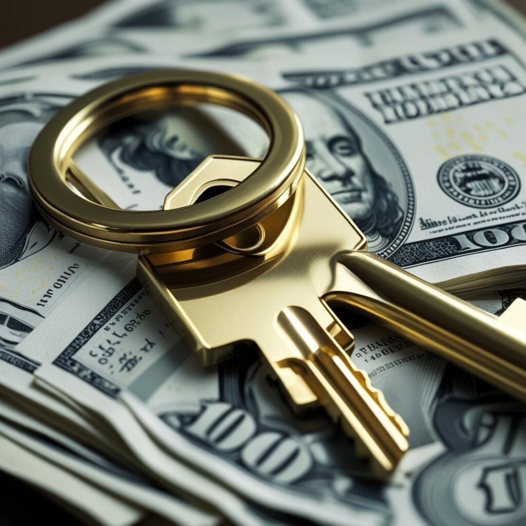 A graphic showing a house key on top of a stack of dollar bills, representing the high value and investment associated with the real estate niche.