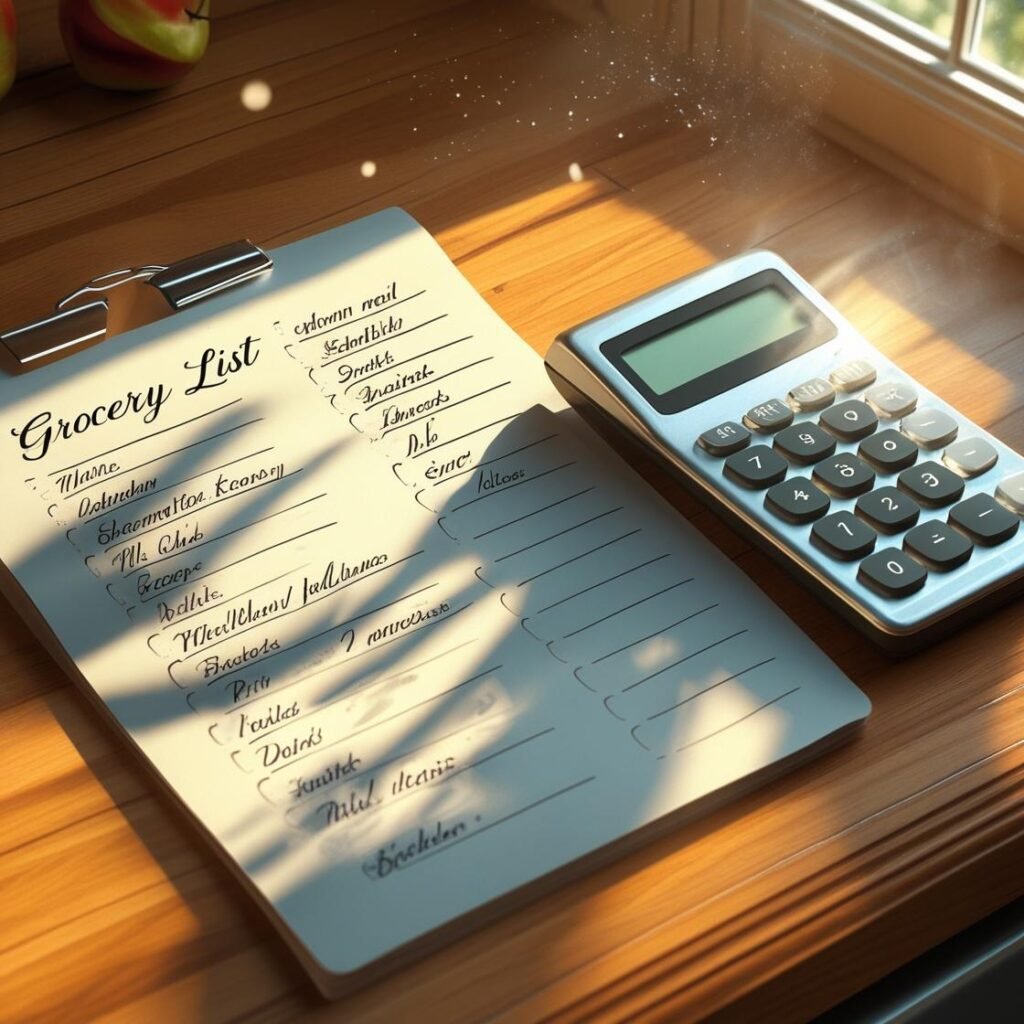 A grocery list and calculator on a kitchen counter, suggesting meal planning and smart shopping for budget management.