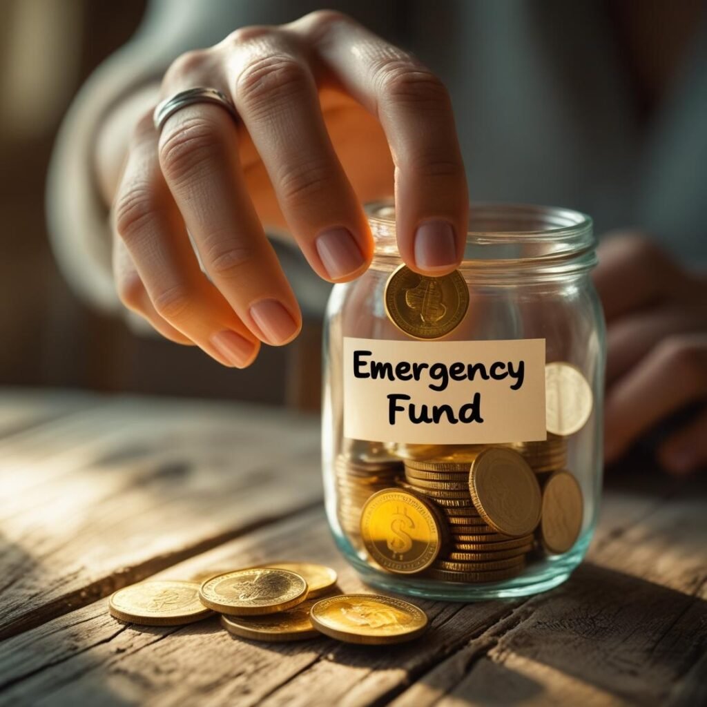 A hand putting coins into an emergency fund jar, representing saving for financial security in a single-income household.