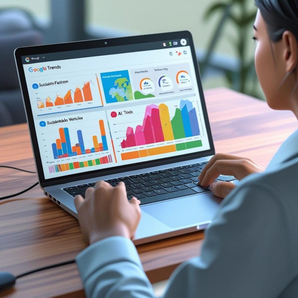 A person looking at a laptop screen displaying Google Trends, with various search terms and graphs indicating trending products.