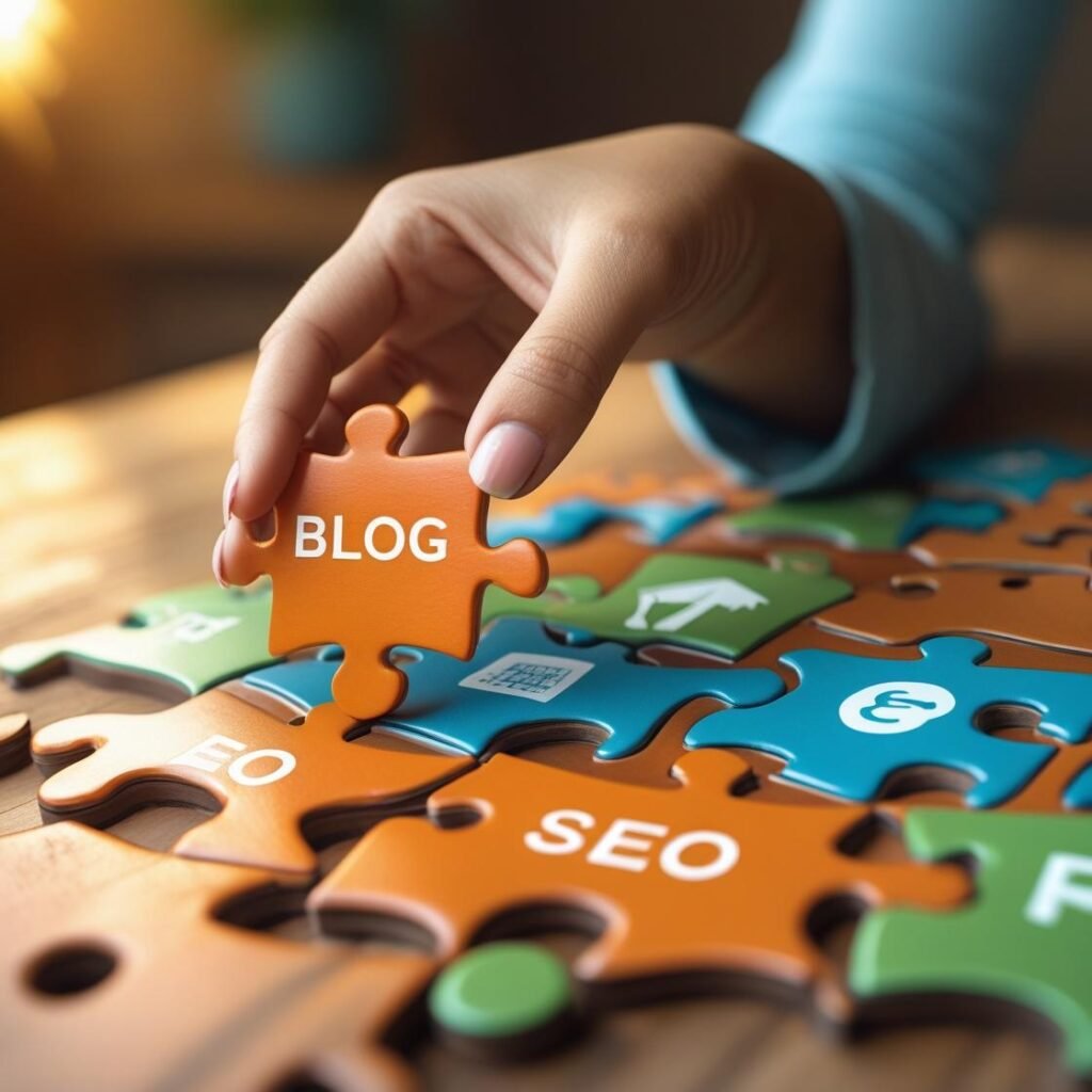 A person's hand placing a puzzle piece of a blog on a larger puzzle of SEO keywords and advertising icons, symbolizing the integration of strategies for maximizing blog earnings.