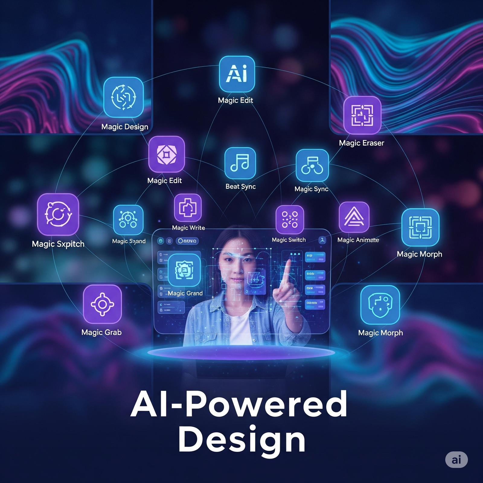 10 Canva AI tools with glowing icons,