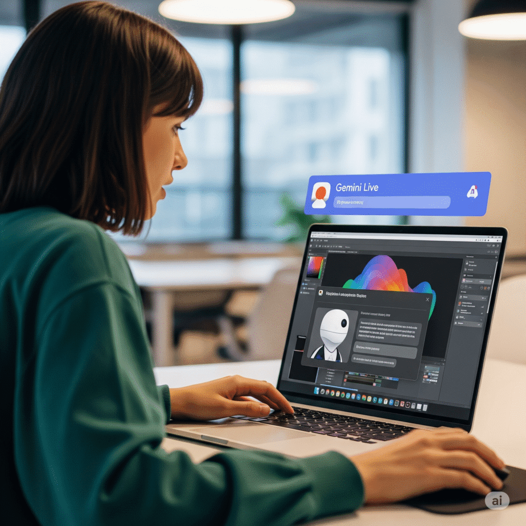 A user is interacting with Google Gemini Live, sharing their laptop screen with the AI chatbot to get real-time assistance on a design project.