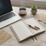 An aesthetic, top-down shot of a creative workspace: a journal with a pen resting on it, a laptop, a cup of tea or coffee, and perhaps a small plant.