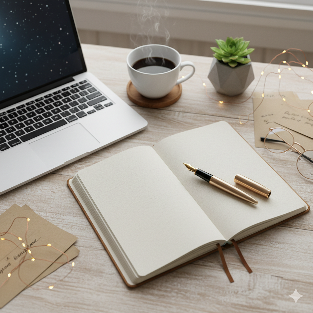 An aesthetic, top-down shot of a creative workspace: a journal with a pen resting on it, a laptop, a cup of tea or coffee, and perhaps a small plant.