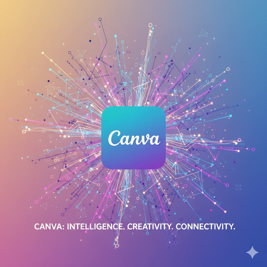 A vibrant hero image showing the Canva logo at the center with glowing, abstract AI network lines emanating from it, symbolizing intelligence and connectivity. The background could be a soft, inspiring gradient aligned with your brand colors.