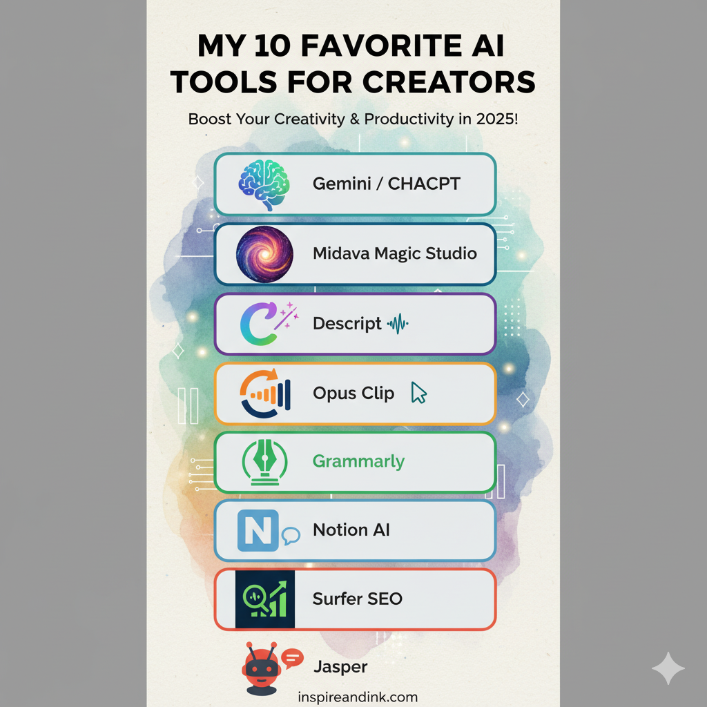 A tall, vertical infographic titled "My 10 Favorite AI Tools for Creators" with the logo for each tool listed.