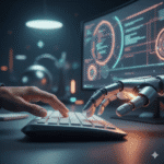 A futuristic but friendly image showing a human hand collaborating with a glowing robotic hand over a keyboard, symbolizing the human-AI partnership.