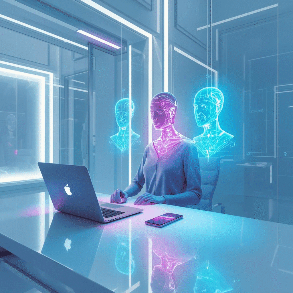 Futuristic workspace in 2025 with AI-powered laptop and holographic assistants, symbolizing productivity with AI tools.