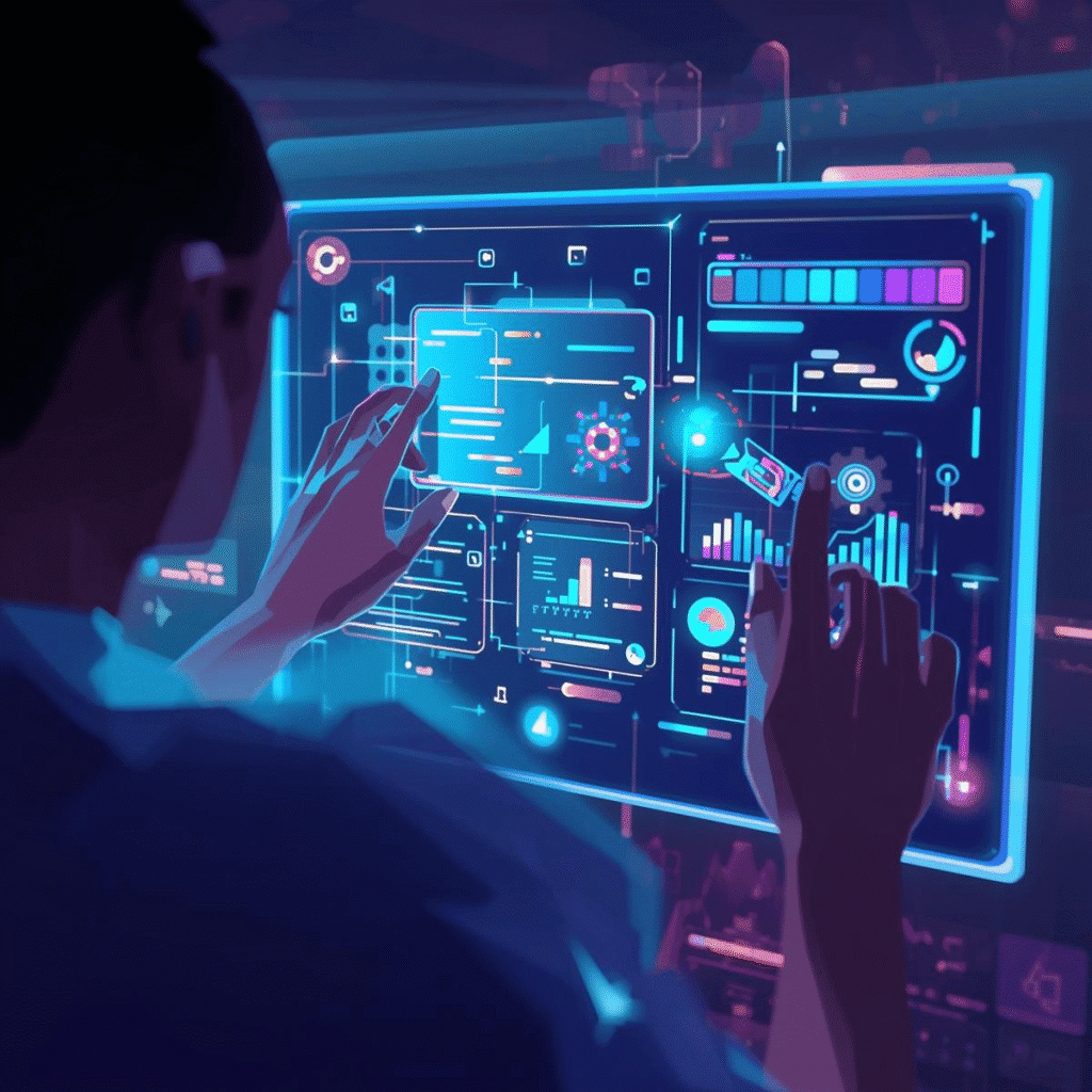 Person designing a presentation using Canva Magic Studio with AI-generated layouts and colors.