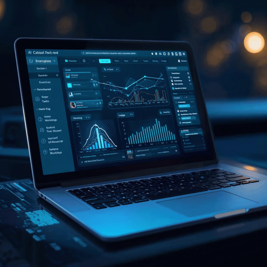 AI chatbot interface on a laptop screen showing ChatGPT workflows and productivity hacks.