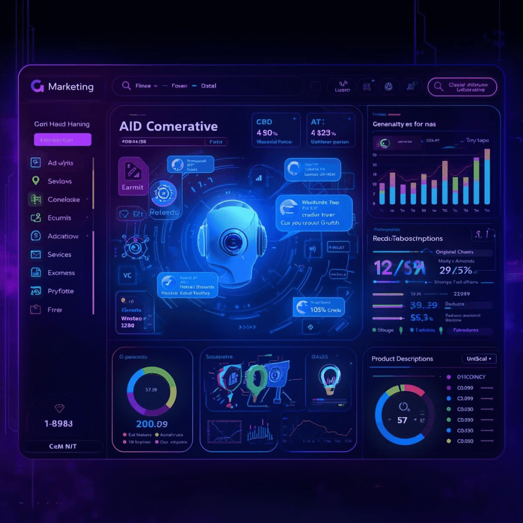 Marketing dashboard with Jasper AI generating ad copies, emails, and product descriptions instantly.