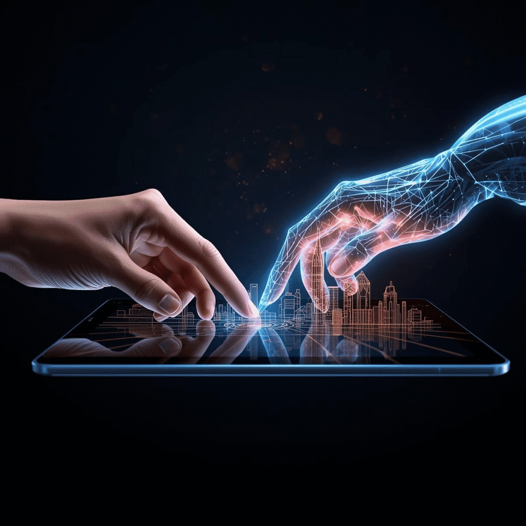A powerful and inspiring conceptual image showing a human hand and a luminous, digital AI hand working together on a tablet, sketching out a creative idea. This visually represents the theme of collaboration.