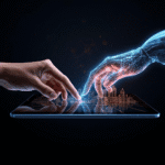 A powerful and inspiring conceptual image showing a human hand and a luminous, digital AI hand working together on a tablet, sketching out a creative idea. This visually represents the theme of collaboration.