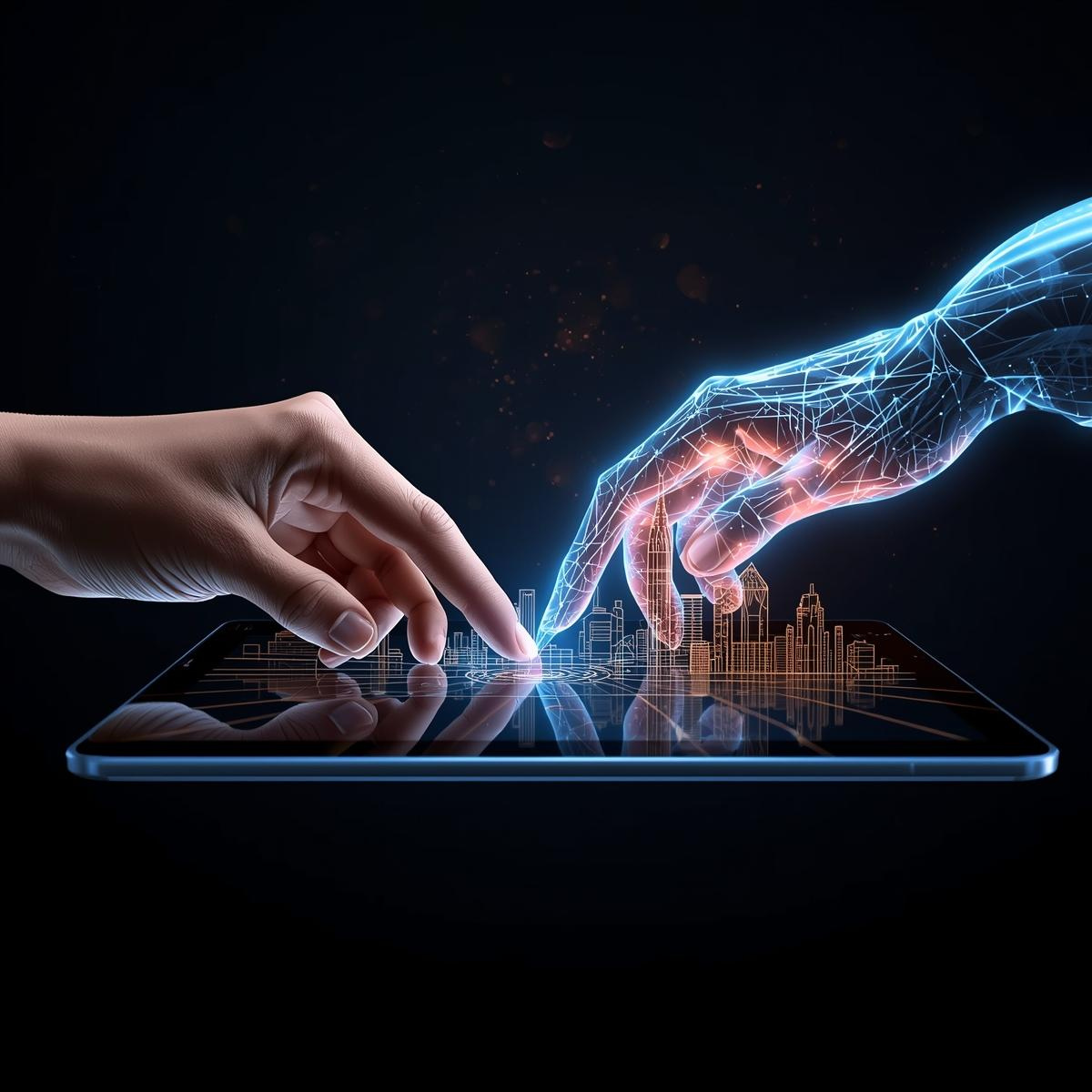 A powerful and inspiring conceptual image showing a human hand and a luminous, digital AI hand working together on a tablet, sketching out a creative idea. This visually represents the theme of collaboration.