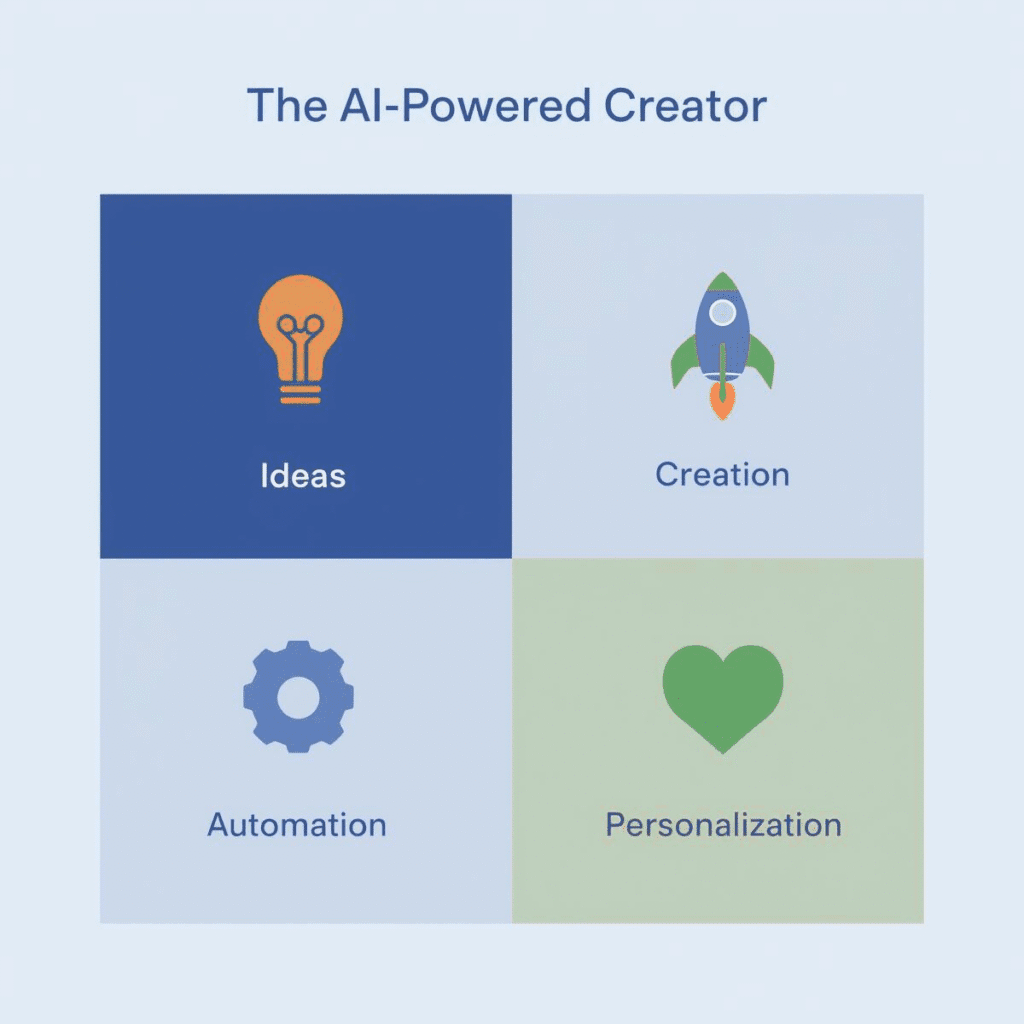 A clean and modern infographic titled "The AI-Powered Creator." It should feature four icons representing the four pillars: a lightbulb (Ideas), a rocket (Creation), a gear (Automation), and a heart (Personalization).