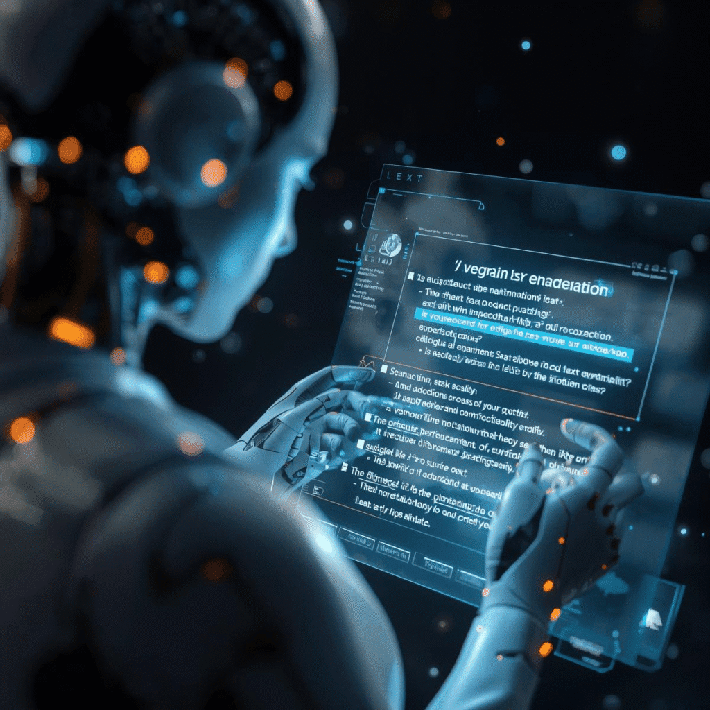 AI assistant rewriting sentences on a digital document with tone suggestions and clarity improvements.