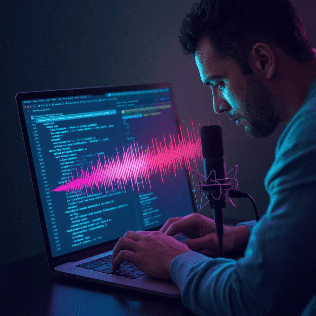 Podcaster editing audio by typing in text, showing waveforms converting into words with AI.