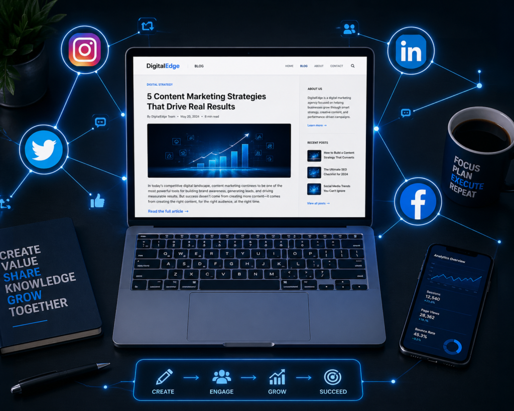 Digital strategy workspace with social overlays