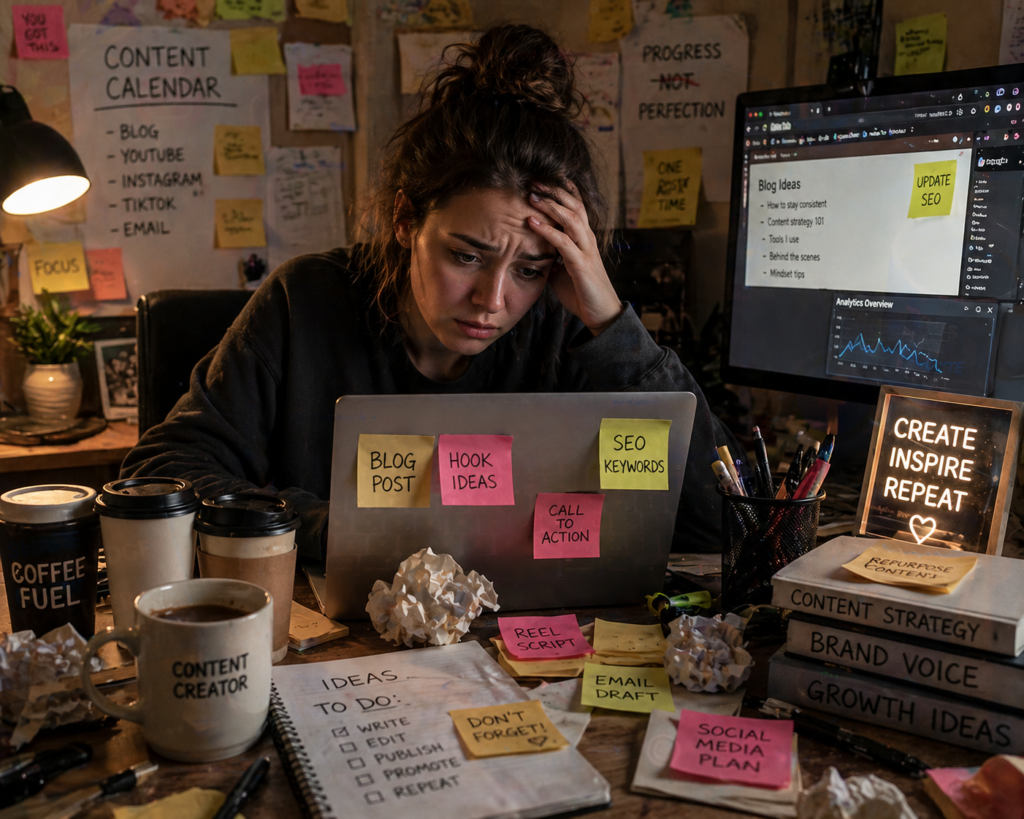 Overwhelmed content creator at work